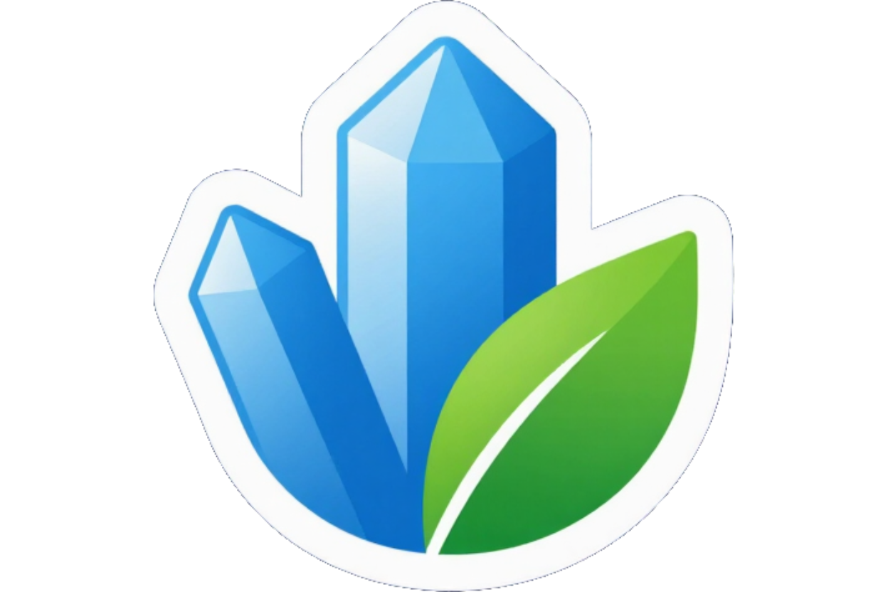 Logotipo azul cristalino con una hoja verde sobre fondo blanco.