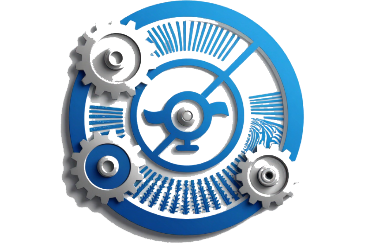 Engranajes azules y grises dispuestos en un diseño mecánico circular.