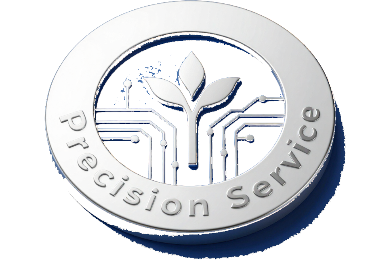 Logotipo de Precision Service con anillo plateado, circuito azul y diseño de hoja ramificada central.