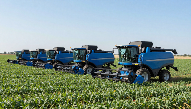 Máquinas agrícolas azules cosechando un campo de cultivo verde bajo un cielo despejado.