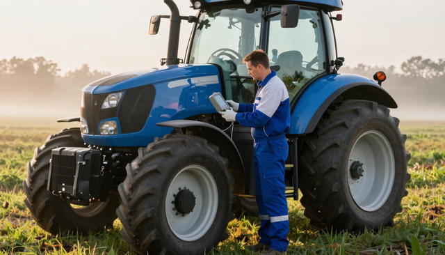Un agricultor con mono azul inspecciona un tractor azul en un campo soleado.