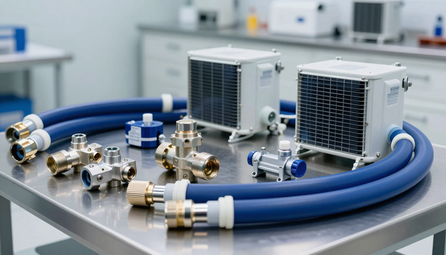 Mangueras industriales azules y racores metálicos sobre un banco de trabajo junto a dos unidades de refrigeración compactas.
