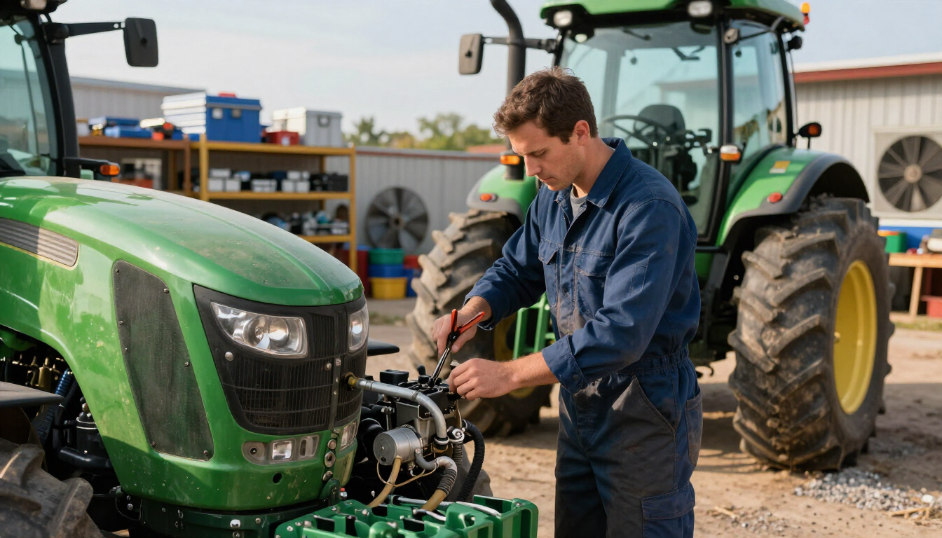 Mecánico reparando un tractor verde en un taller agrícola.