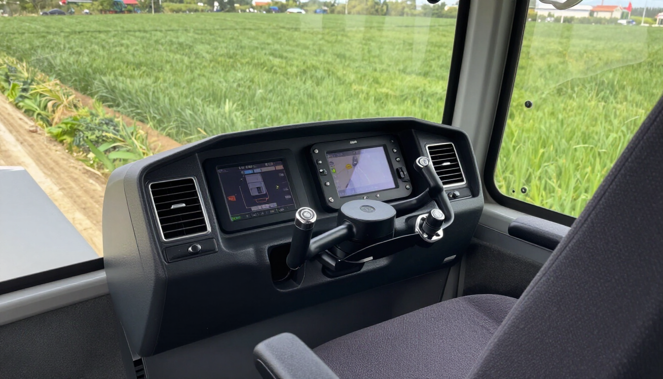 Tablero de instrumentos de cabina de vehículo moderno con controles, que muestra un campo verde a través del parabrisas.