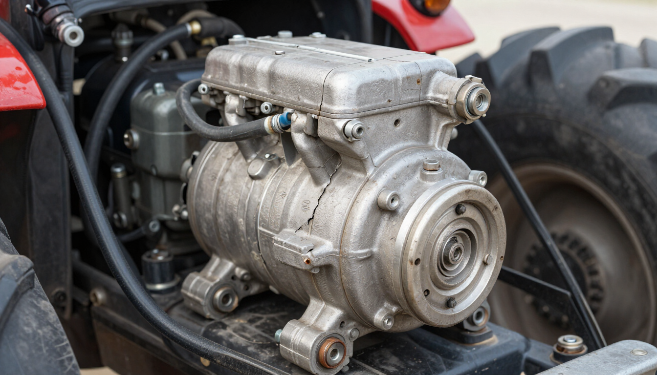 Primer plano de un motor o bomba plateada montada en una máquina, con un neumático de vehículo al fondo.