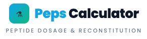 Peps Calculator logo with teal icon and blue text, subtitle “Peptide Dosage & Reconstitution”