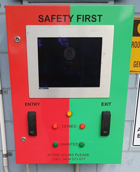 A red and green box that says safety first on it