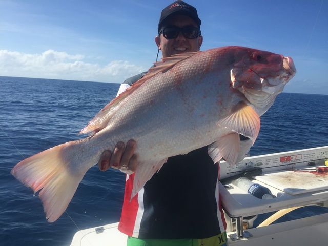 Man is Holding a Large Red Fish In Hand on a Boat — Sape Industries in Garbutt, QLD