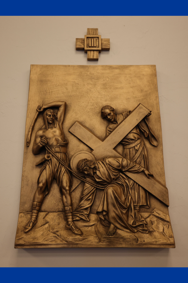 Jesus collapses under the weight of the cross for the first time.