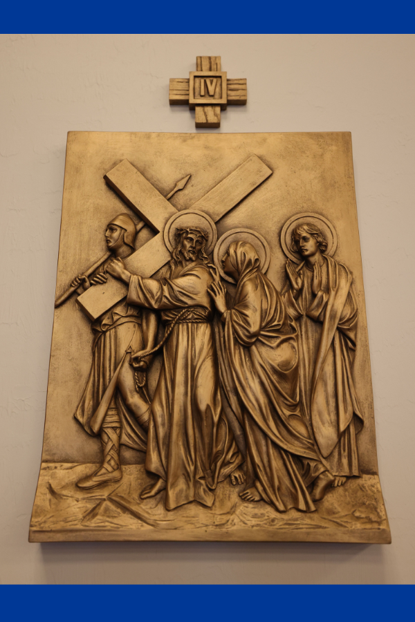 Jesus meets the Virgin Mary on the road to Calvary, sharing a moment of sorrow and love.
