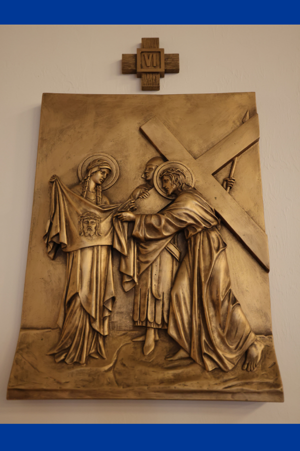 Veronica gently wipes the face of Jesus, leaving His holy image on her veil.