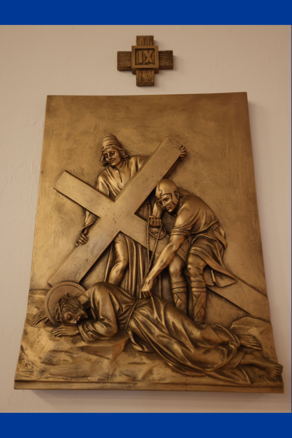 Jesus falls a third time near the end of His journey, exhausted beneath the cross.
