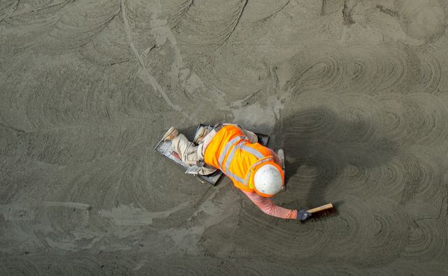 Construction worker smoothing cement; wearing white helmet and orange vest.