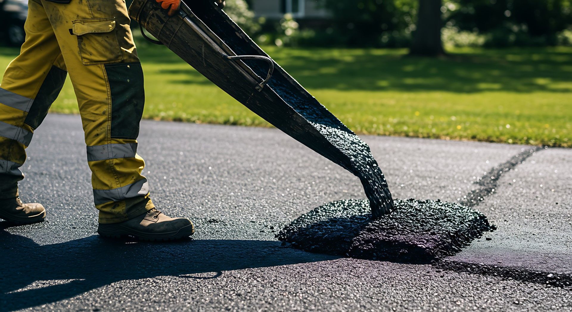 Worker pouring asphalt onto a road, black liquid material.