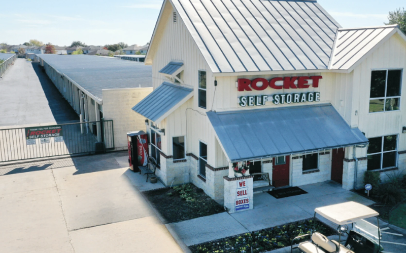 Exterior view of Rocket Self Storage building and storage units.