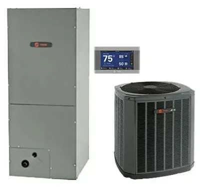 A Trane HVAC system: Furnace, thermostat display, and outdoor AC unit. Gray and black.