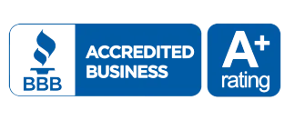 BBB Accredited Business with A+ rating seal. Blue and white logo with a torch, text, and a rating.