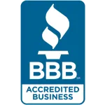 BBB Accredited Business logo: blue rectangle with white flame,