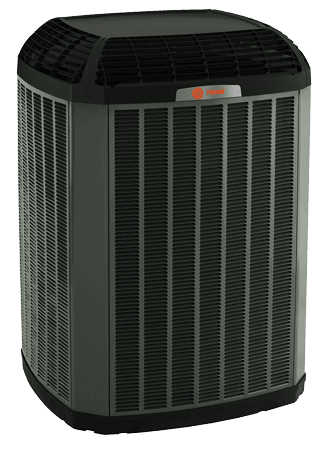 Air conditioning unit, outdoor, gray and black, with a fan on top.