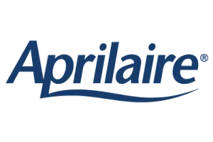 Aprilaire logo in blue; wordmark with a curved underline.