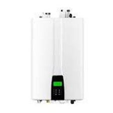White tankless water heater with a black control panel and green display.