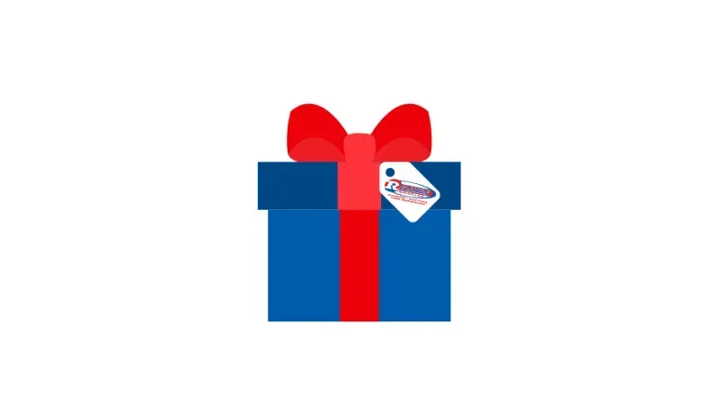 Blue gift box with red ribbon and bow, white tag.