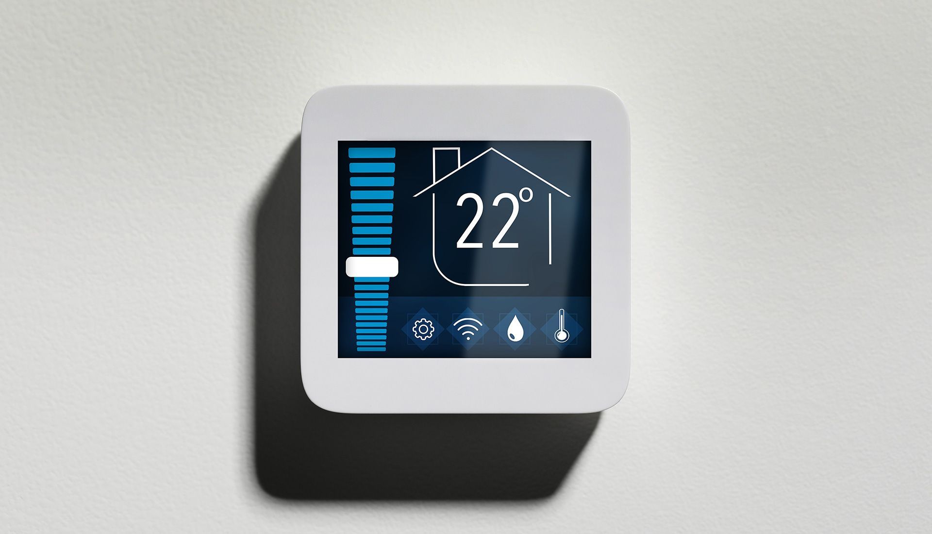 White smart thermostat on a white wall, displaying 22°C. Icons for Wi-Fi and other settings are visible.