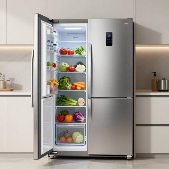 Open stainless steel refrigerator with fresh fruits and vegetables in a modern kitchen