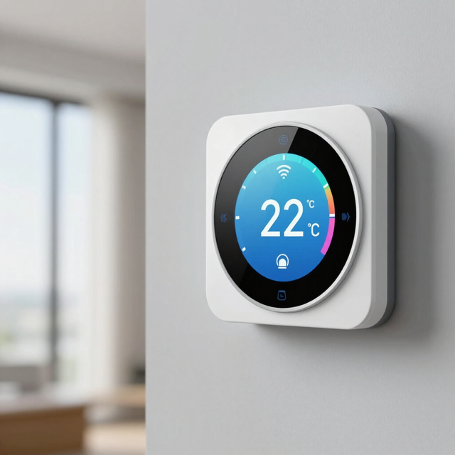Smart thermostat displaying 22°C on a wall in a modern room