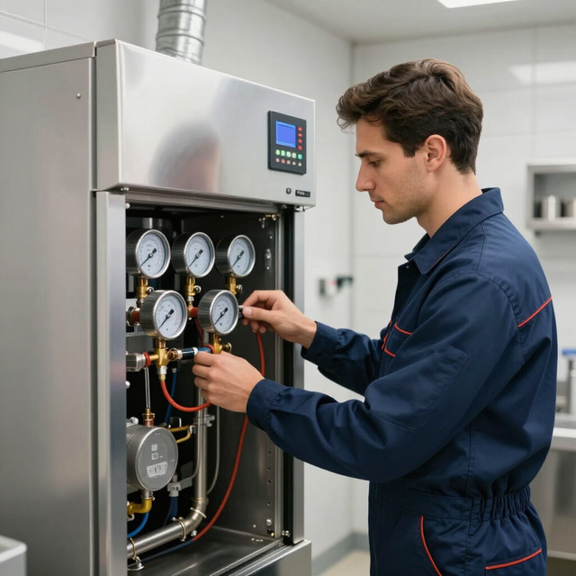 Technician adjusting gauges inside a stainless steel control panel in a clean industrial room