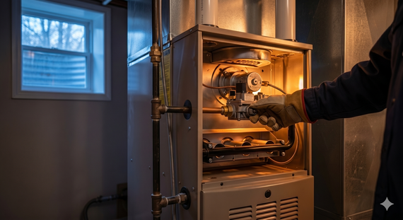 Hand inside an open industrial oven, inspecting glowing equipment in a dim room