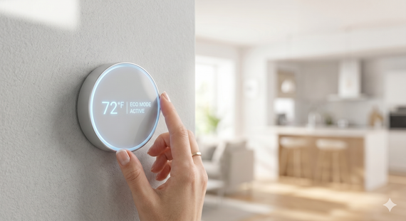 Hand adjusting a round smart thermostat showing 72°F in a bright modern home