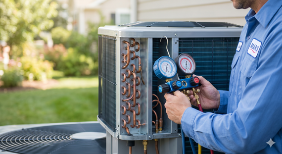 Technician using gauges to inspect outdoor HVAC unit with open panel and exposed coils