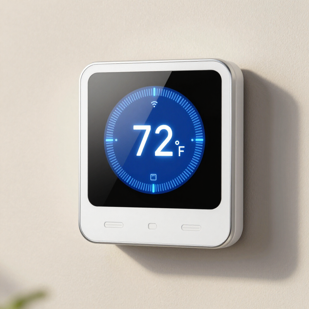 Wall-mounted white thermostat showing 72°F on a blue digital display