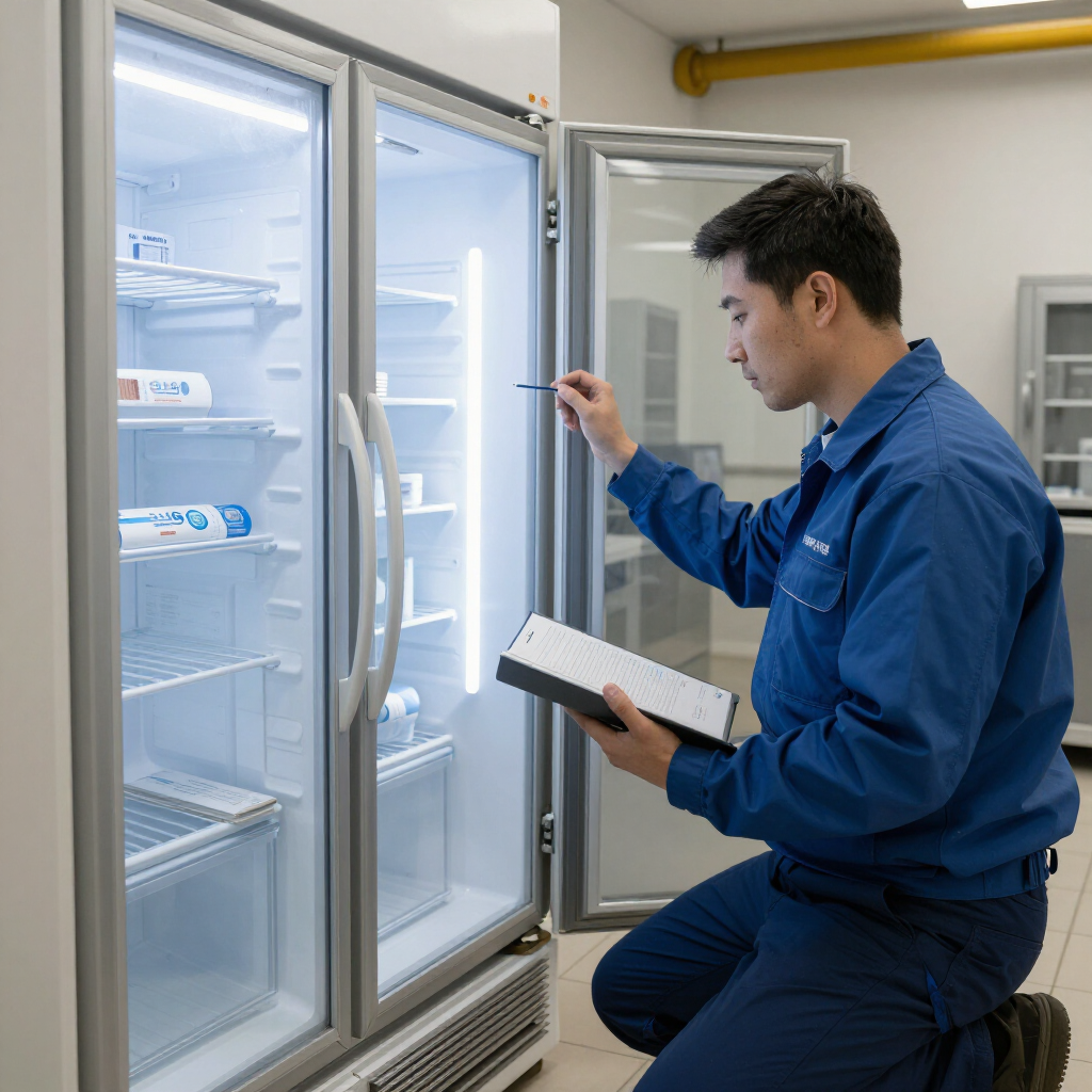 Technician inspecting an open lab refrigerator while holding a clipboard