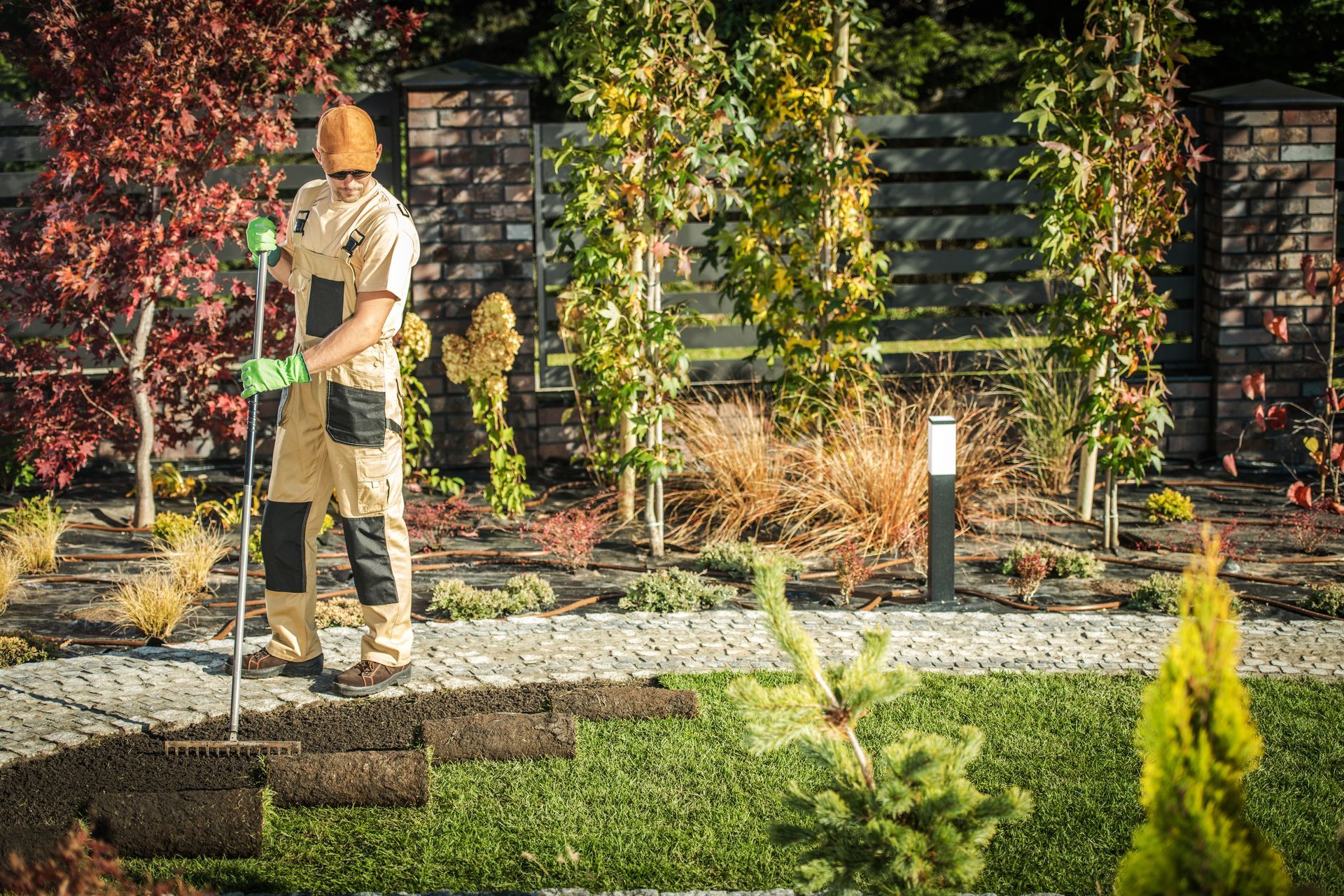 Gardener standing with a shovel in a landscaped garden with shrubs and a gravel path Gardener standing with a shovel in a landscaped garden with shrubs and a gravel path