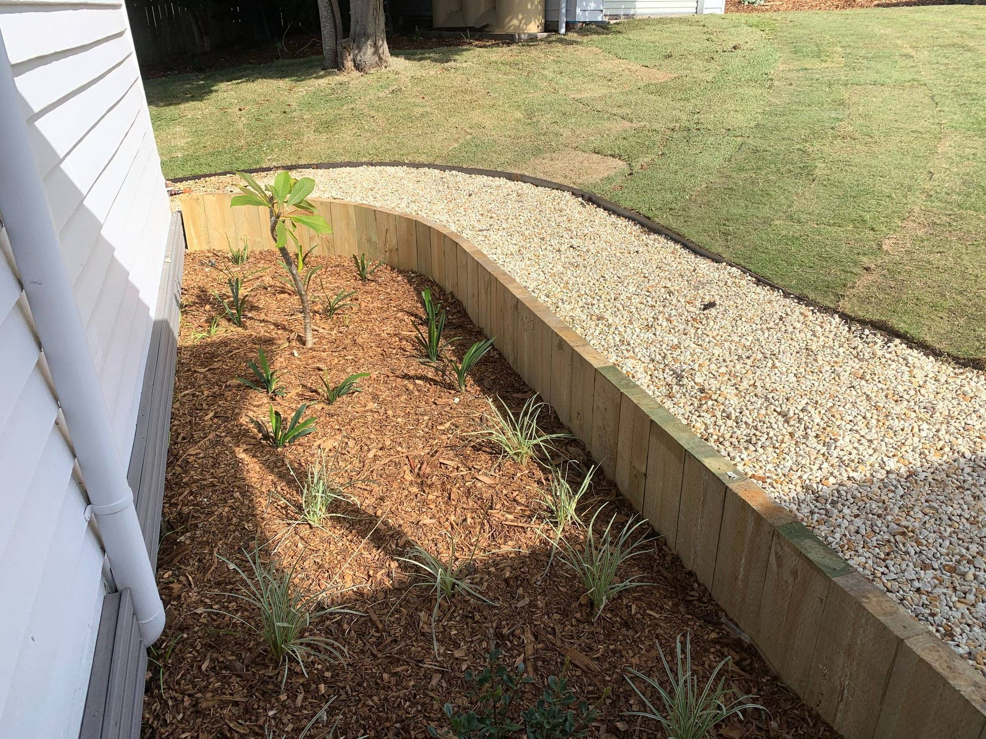 Garden bed with plants and mulch, bordered by wood and a gravel path next to a white house.
