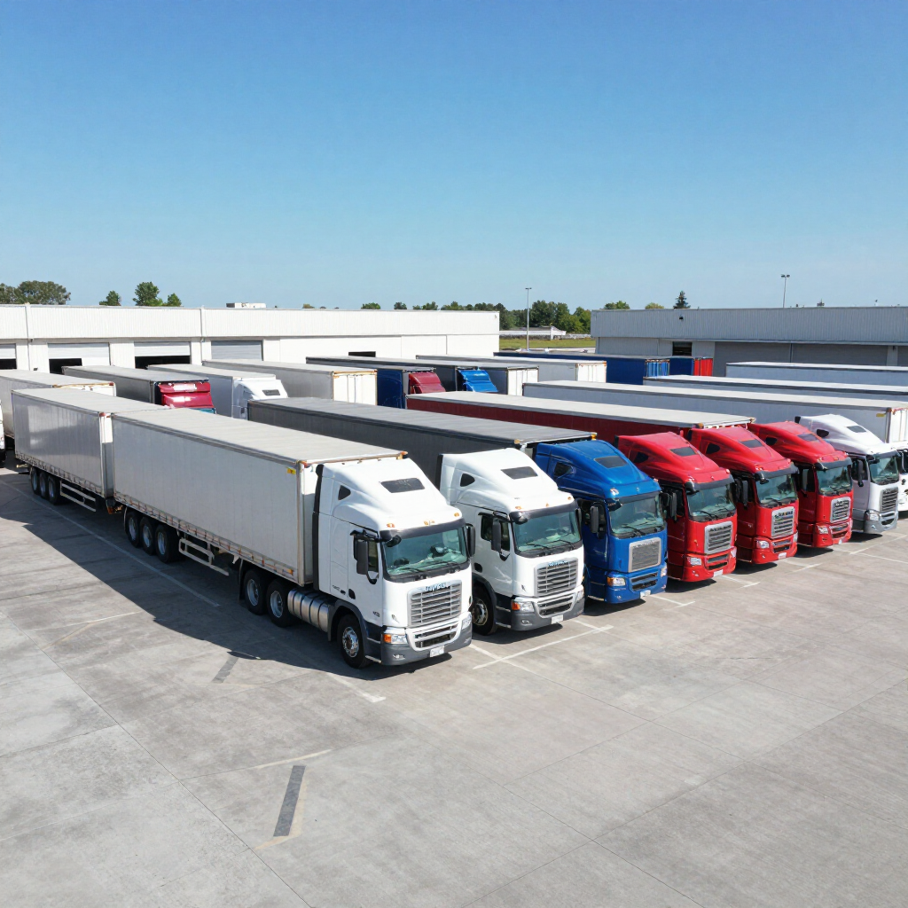 Una flota de camiones semirremolques con cabinas de distintos colores estacionados en fila en una instalación logística.