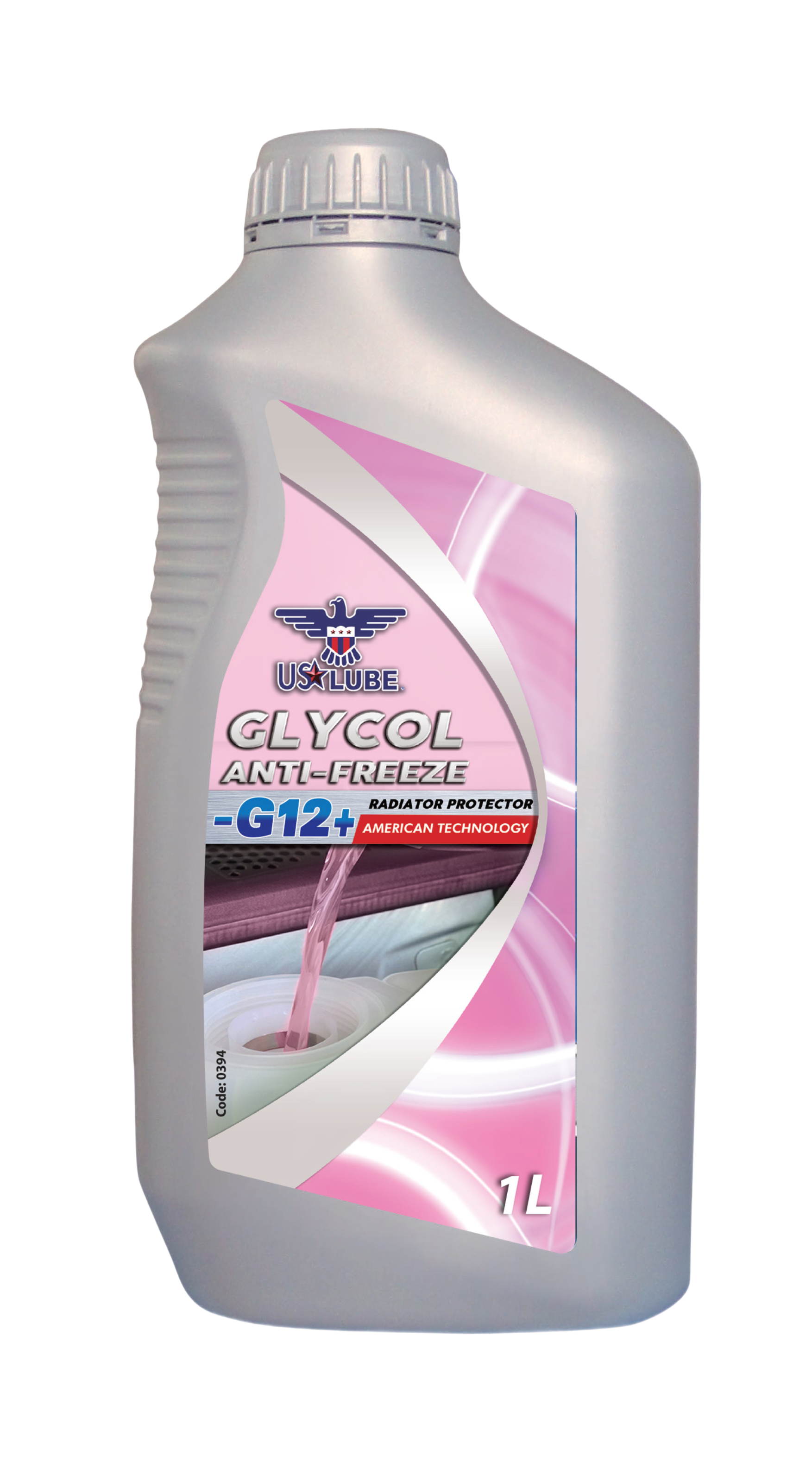 白色瓶子裝粉紅色汽車冷卻液,標籤為 G-12,1L,銀色瓶蓋。