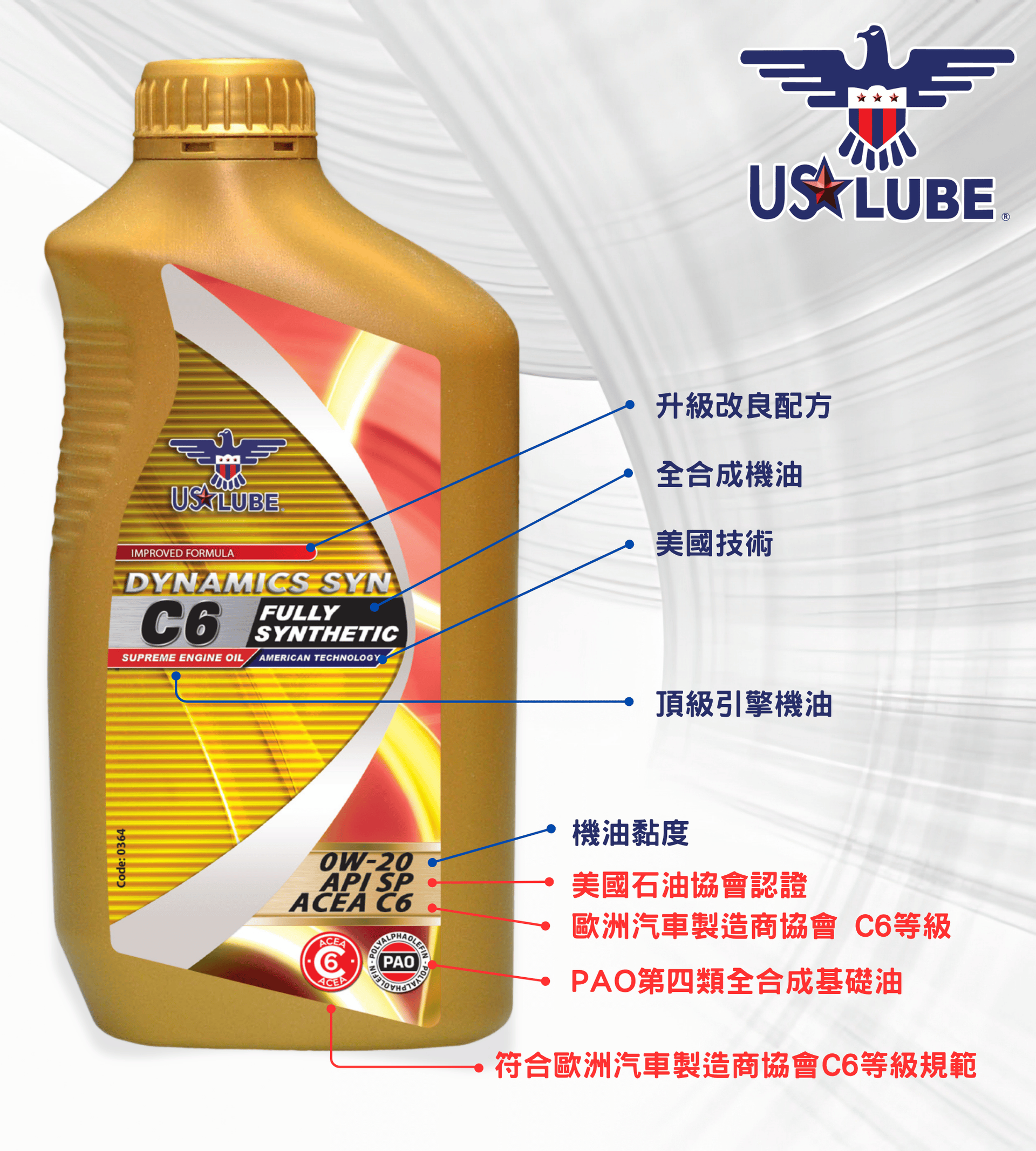 白色背景上的金色 USLUBE 機油瓶,瓶身印有中文文字和紅白標籤