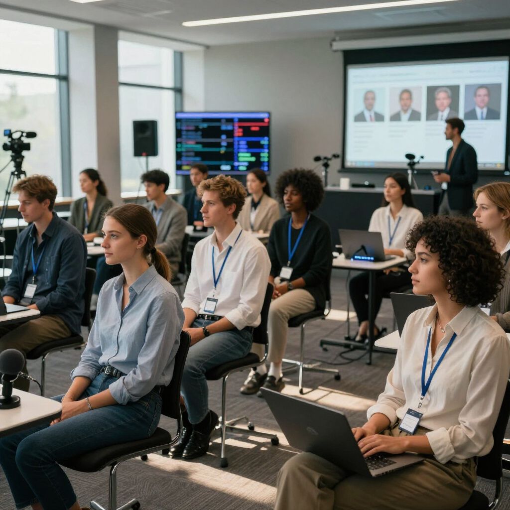 Een klaslokaal met leerlingen die naar een presentatie op een scherm luisteren, sommigen met laptops.