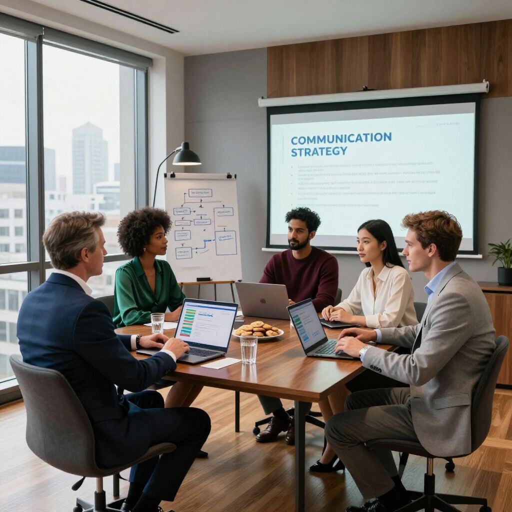 Een groep mensen in een vergaderruimte kijkt naar laptops en een projectiescherm met het opschrift 