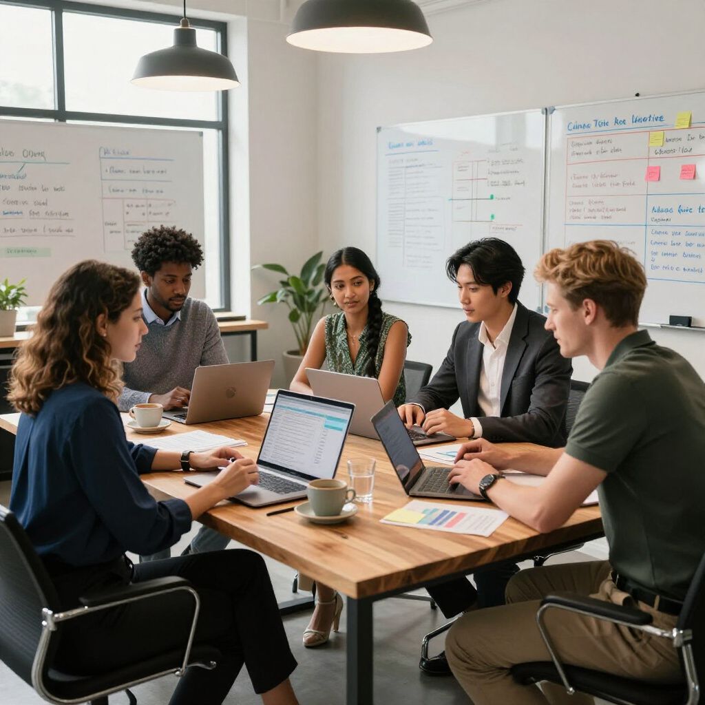 Een team van mensen vergadert rond een houten tafel met laptops. Op de achtergrond zijn whiteboards te zien.