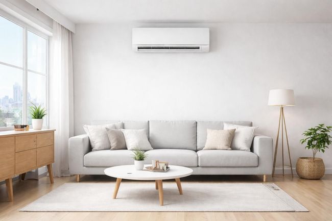 Luminoso soggiorno minimalista con divano grigio, tavolino rotondo, grande finestra, lampada da terra e condizionatore a parete
