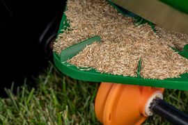 Close-up of a green and orange lawn tool head collecting grass clippings on grass