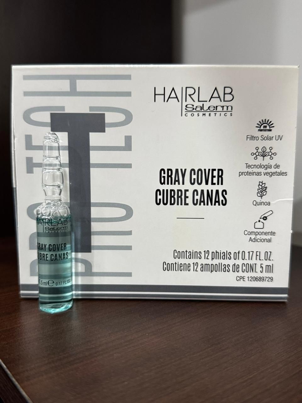 A box of hair lab gray cover cubre canas