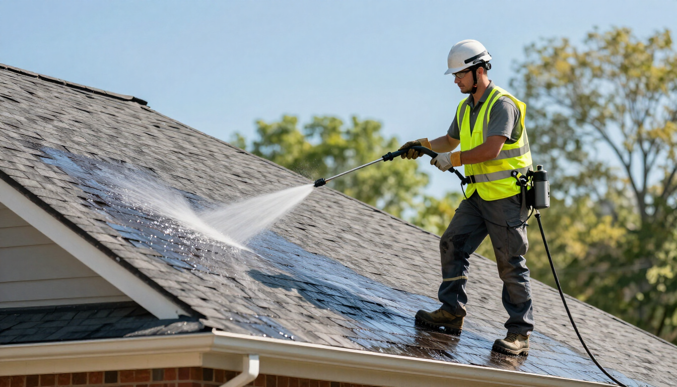 Before and after comparison of a clean roof vs a mossy roof in Akron Ohio