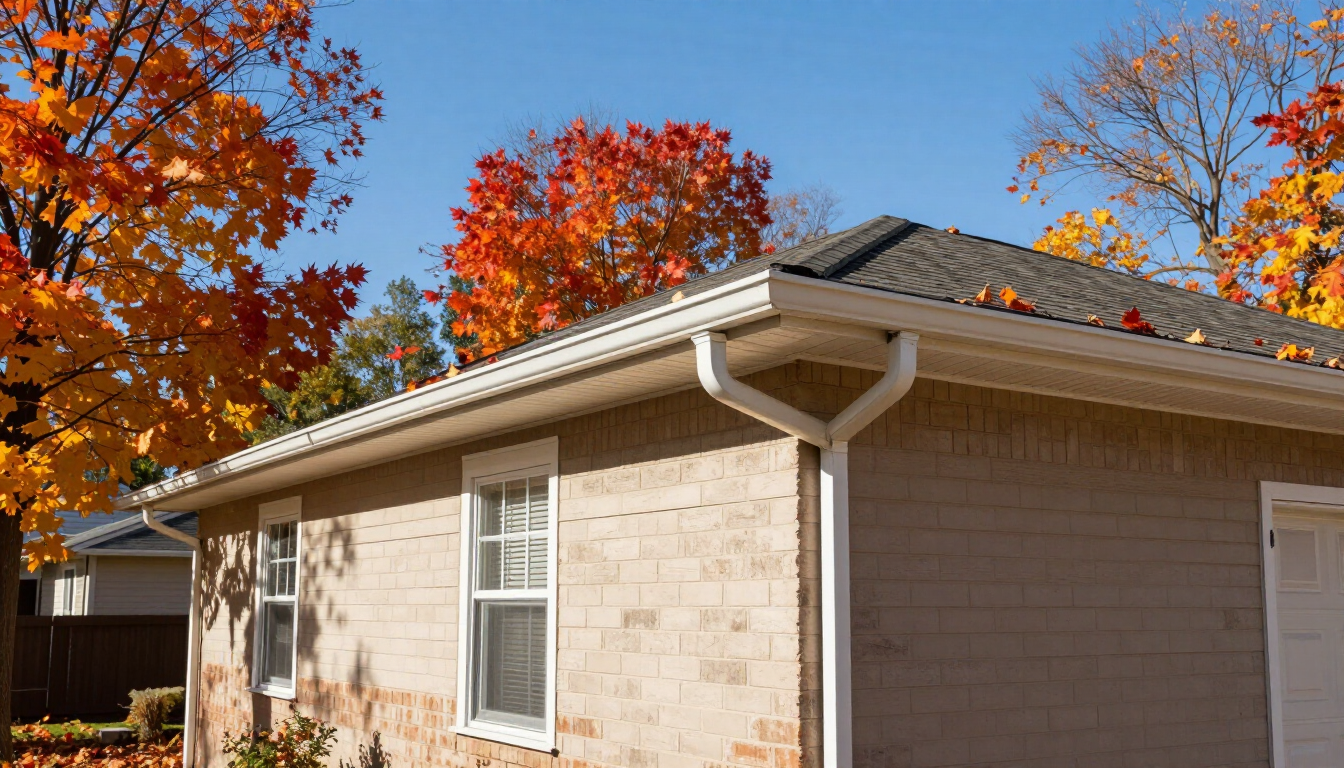 A professional exterior cleaning technician inspecting a clean gutter system on a residential home in Ohio.