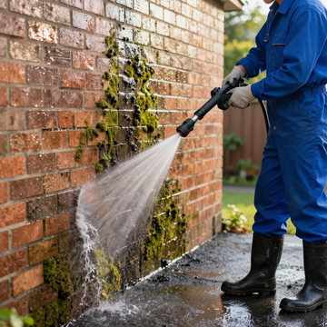 Person in blue coveralls pressure-washing a mossy brick wall outdoors