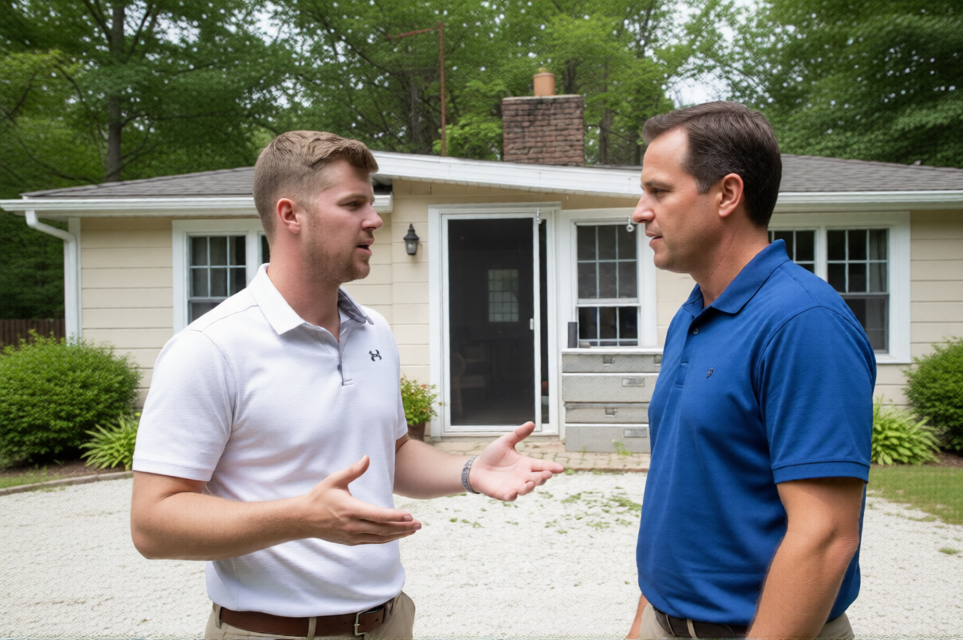 Two men talking in front of a small house with a white porch and stone siding.